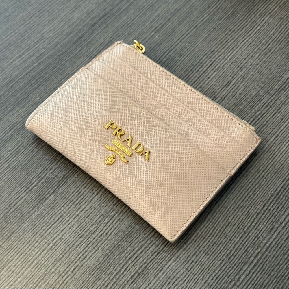 Prada Saffiano Leather Blush Card Holder with Gold Logo & zipper